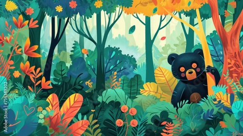  a black bear standing in the middle of a forest filled with lots of plants and trees and surrounded by yellow, orange, green, and red flowers and orange leaves.