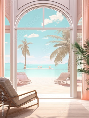 Pastel Beachside Vibes  Vintage Art Print of a Relaxing Resort