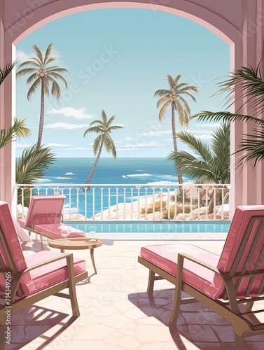 Pastel Beachside Vibes: Vintage Art Print of a Relaxing Resort Rendered