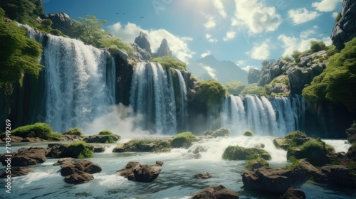 Large powerful tropical waterfall. Masses of water on the big river. Beautiful sunny day. AI Generated © EarthWalker
