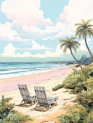 Pastel Beachside Vibes: Vintage Art Print with Serene Seashore Selections.