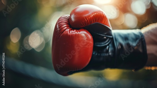 Red boxing glove in focus with a natural bokeh background. Close up. Copy space. Concept of focus, strength, and boxing training in a natural setting.