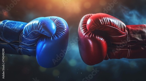 Impact moment between red and blue boxing gloves, dynamic moment. Fist bump. Concept of competition, opposing forces, training, sport competition, and the dynamic nature of boxing.