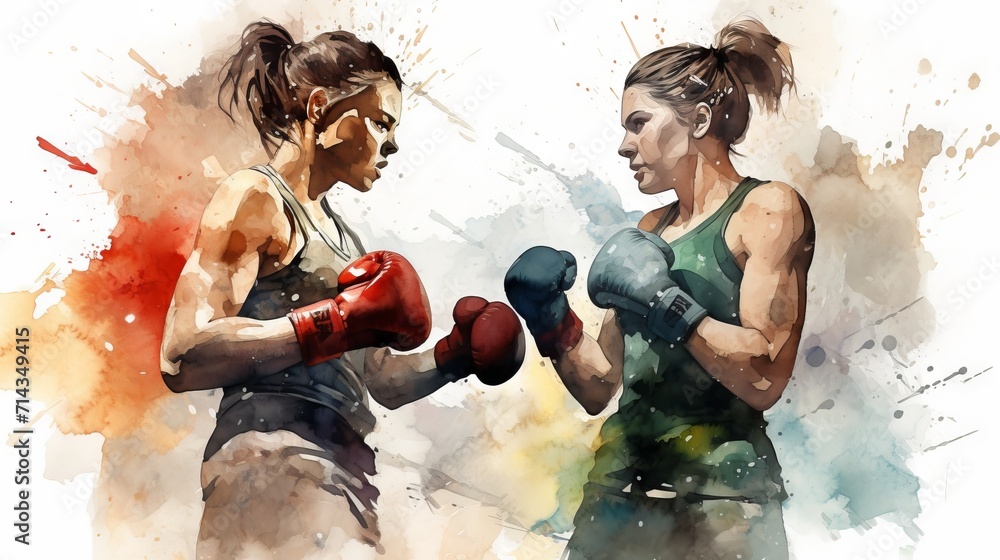 Watercolor illustration of two female boxers facing off in the ring ...