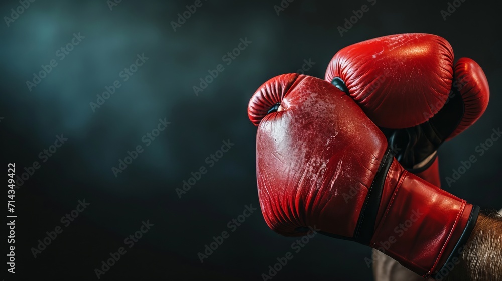 Red boxing gloves in focus on a dark textured background. Banner with copy space. Close up. Concept of focus, strength, and boxing training.