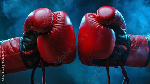 Impact moment between two boxing gloves. Fist bump. Dark background. Concept of competition, opposing forces, training, sport competition, and the dynamic nature of boxing.