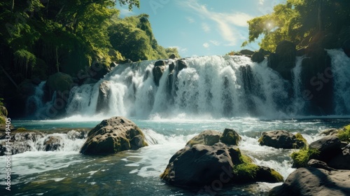 Beautiful tropical waterfalls. Streams of water running down the river. AI Generated