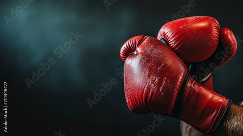Red boxing gloves in focus on a dark textured background. Banner with copy space. Close up. Concept of focus, strength, and boxing training. © Jafree