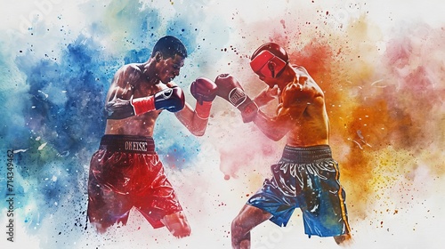 Dynamic watercolor artwork of male boxers in action, a blend of sport and art. Vibrant watercolor strokes. Concept of combat sports, the dynamism of boxing, and artistic expression. photo