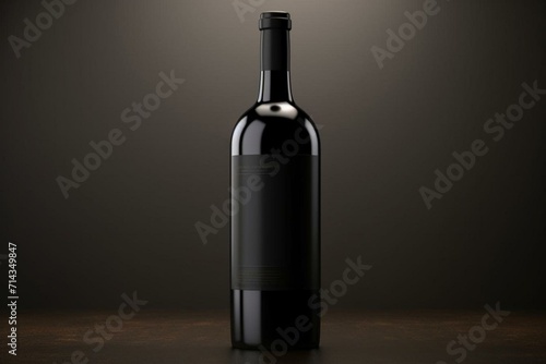 Black wine bottle with blank label on neutral background. Computer-generated image. Generative AI