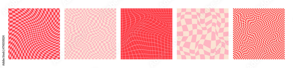 Set of five groovy lovely backgrounds. Happy Valentines day greeting card with patterns in trendy retro 60s, 70s style. - obrazy, fototapety, plakaty 