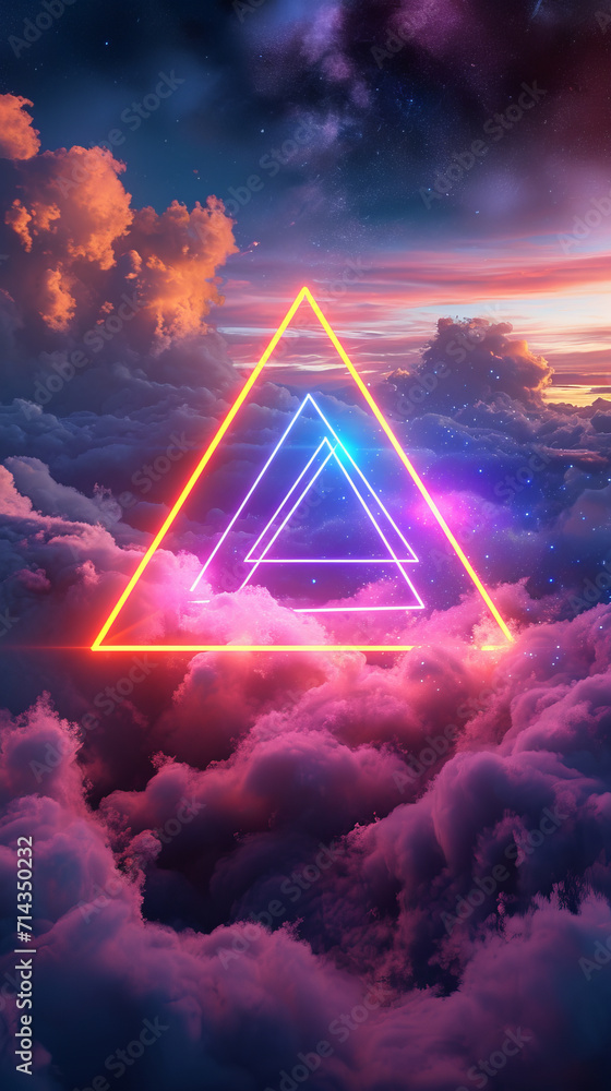 Abstract neon glowing triangle surrounded by fog and clouds. Modern design background