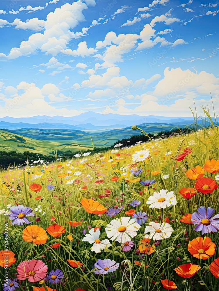 Serene Hilltop Panorama: Wildflower Winds on Field Painting