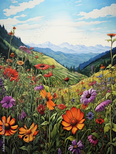 Pure Hilltop Panorama Decor: Wildflower Crowned Summits Field Painting