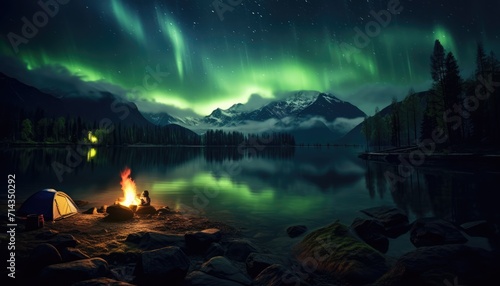 View of night sky with aurora borealis and mountain peak background. Night glows in vibrant aurora reflection on the lake with forest.