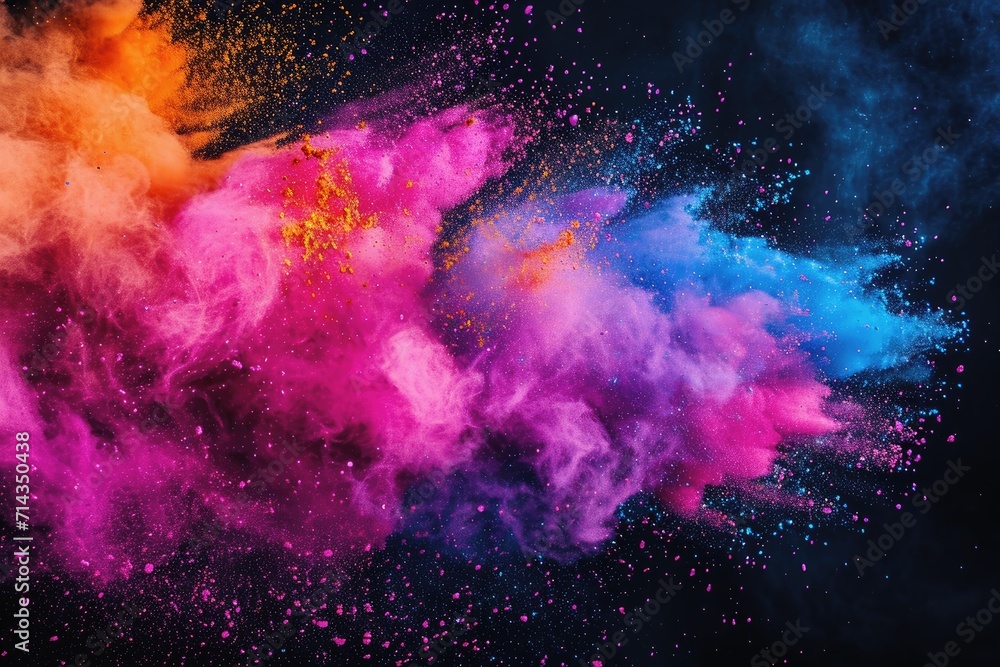 Indian Holi festival color powder explosion on black background.