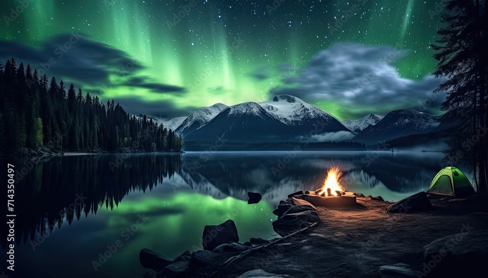 View of night sky with aurora borealis and mountain peak background. Night glows in vibrant aurora reflection on the lake with forest.