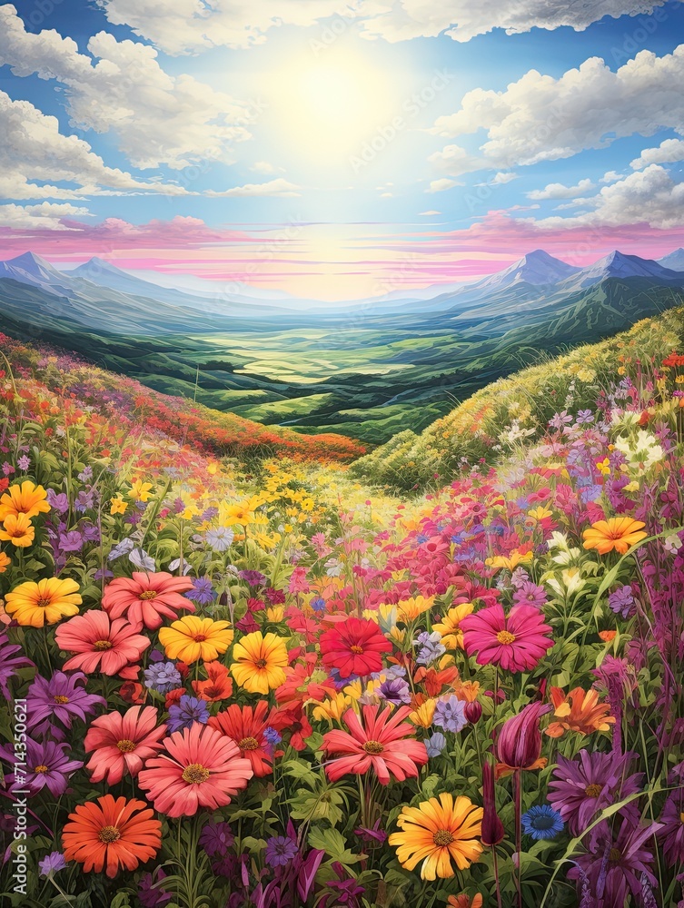 Pure Hilltop Panorama Decor Wall Art: Enchanting Wildflower Fields from Heights