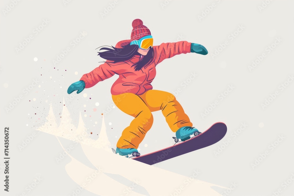 snowboarder jumping on the slope, flat illustration in colours yellow, pink and blue.
