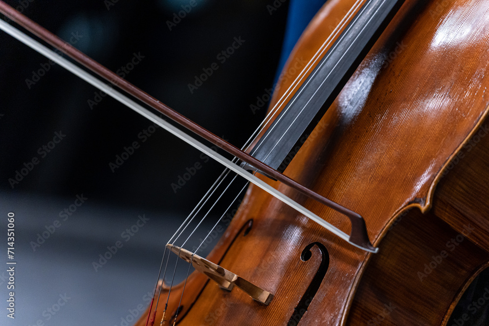 Close-up of strings and bow of a cello during a musical performance at an event Close-up of strings and bow of a cello during a musical performance at an event