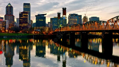 Time-Lapse Sunset Over Beautiful Portland, Oregon USA - 4K Ultra HD Video from Willamette River