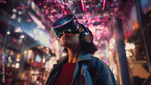 A person wearing a futuristic virtual reality headset in a digitally immersive environment, blending real and digital worlds in vivid detail.