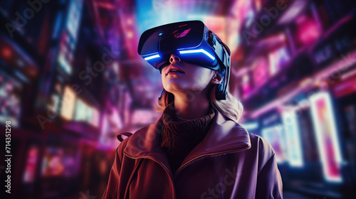 A person wearing a futuristic virtual reality headset in a digitally immersive environment, blending real and digital worlds in vivid detail. #714351298