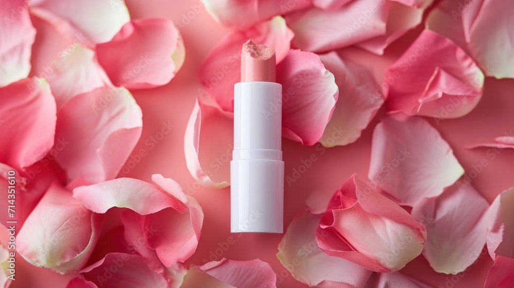 a close up of a lipstick on a pink background with petals of pink and white flowers on the bottom of the lipstick and the top of the lip of the lipstick. a close up of a lipstick on a pink background with petals of pink and white flowers on the bottom of the lipstick and the top of the lip of the lipstick.