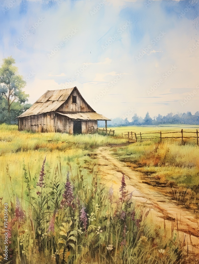 Rustic Farm Charm: Vintage Art Print of Barn and Farmland Views in Beautiful Field Painting