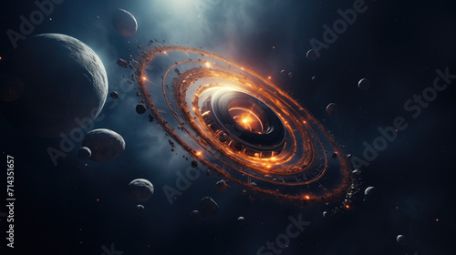 A futuristic space station surrounded by glowing orange rings and numerous asteroids, set against the backdrop of deep space with distant planets and stars