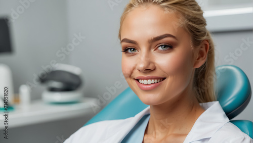 Beautiful girl looking in a dental chair in a clinic