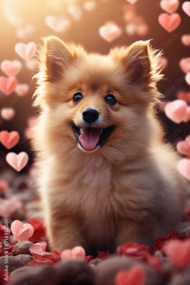 Fluffy Puppy Amidst Red Hearts - Joyful Canine on Soft Pink Background, Valentine's Day Concept