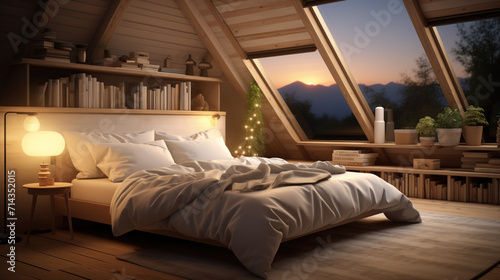 A photo features a Scandinavian-style bedroom on a mansard floor, softly lit by daylight. The window is excluded from the frame, emphasizing the elegant simplicity of the design. photo