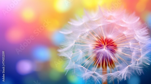 Fluffy Dandelion seed head with a colorful bokeh background. Concept of multicolored backdrop  serene and calmness  beauty of nature  rainbow cheerful shades