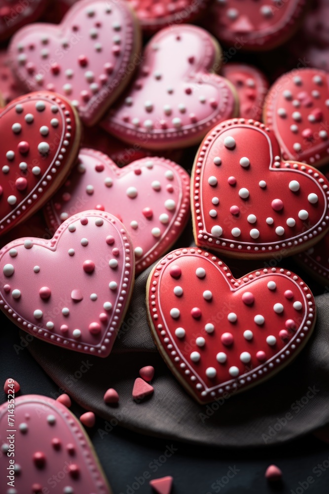 Glossy Red Heart Cookies - Homemade Touch on Grey Background, Valentine's Day Concept Glossy Red Heart Cookies - Homemade Touch on Grey Background, Valentine's Day Concept