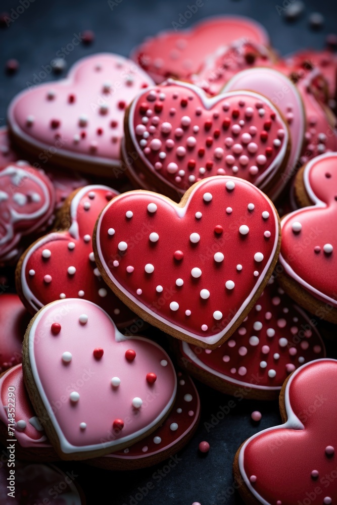 Glossy Red Heart Cookies - Homemade Touch on Grey Background, Valentine's Day Concept