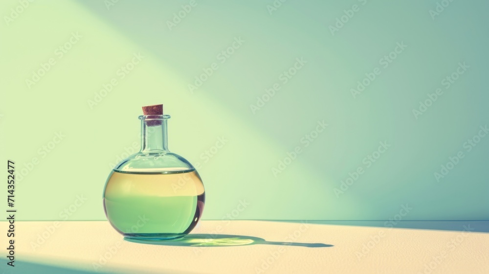 a bottle filled with green liquid sitting on top of a table next to a shadow of a person's shadow on the floor and a light blue wall behind it. a bottle filled with green liquid sitting on top of a table next to a shadow of a person's shadow on the floor and a light blue wall behind it.