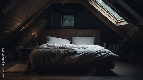 A photo features a Scandinavian-style bedroom on a mansard floor, softly lit by daylight. The window is excluded from the frame, emphasizing the elegant simplicity of the design. photo
