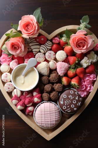 Heart-Shaped Treats on Wooden Tray - Indulgent Assortment for Valentine's Day, Valentine's Day Concept