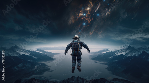 An astonishing photograph of an astronaut gracefully floating in the boundless expanse of space, with the Earth as a captivating backdrop. © Игорь Зубченко