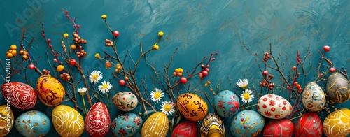 Easter background with colorful painted eggs and flowers. Top view. Happy Easter concept