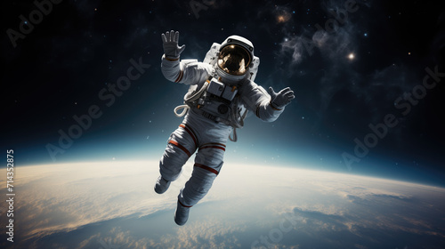 An astonishing photograph of an astronaut gracefully floating in the boundless expanse of space, with the Earth as a captivating backdrop. photo