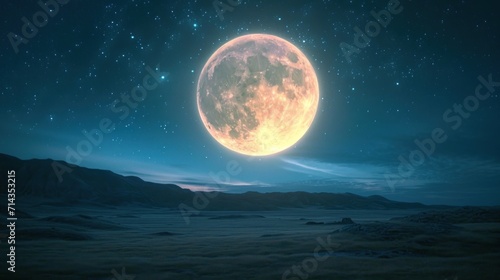  a full moon in the night sky with a mountain range in the foreground and a distant mountain range in the foreground, with a blue sky filled with stars and clouds.