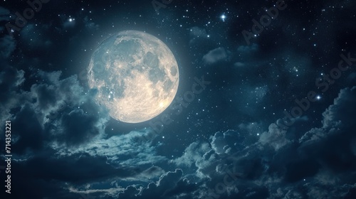  a full moon in the sky with clouds and stars in the night sky with clouds and stars in the night sky with a full moon in the middle of the night sky.