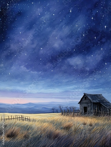 Timeless Prairie Night Sky Art: Vintage Night Landscape with Starry Charm