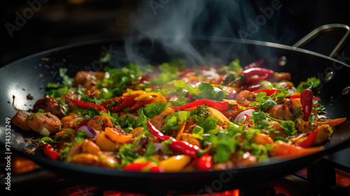 A captivating close-up photograph of a sizzling stir-fry in progress, where colorful ingredients blend in harmony. Steam rises, illuminating the vibrant scene for a visual feast.