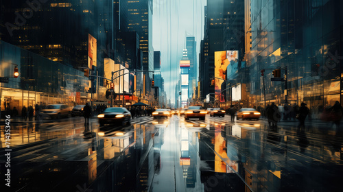 A captivating digital artwork of a bustling metropolis with a vibrant city street and towering skyscrapers, embodying the energy and influence of the corporate world.