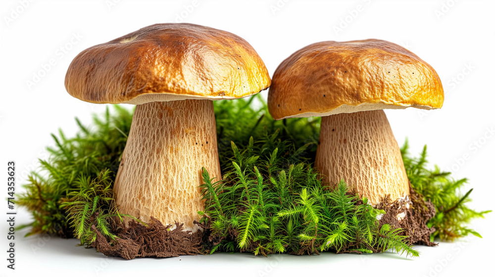 Boletus. Mushrooms and moss. Boletus on a white background. Boletus. Mushrooms and moss. Boletus on a white background.
