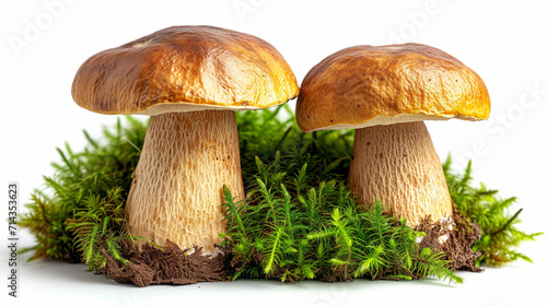 Boletus. Mushrooms and moss. Boletus on a white background.