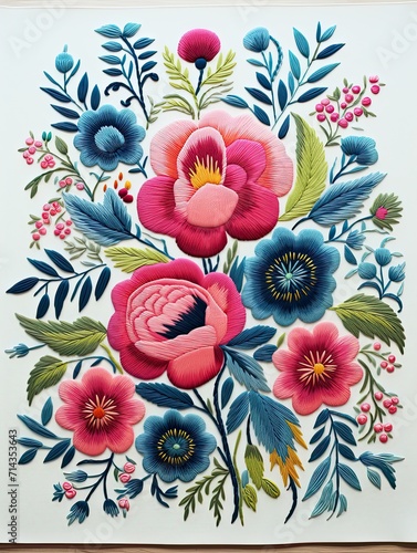 Traditional Embroidered Florals Vintage Art Print: Stitch Marvels